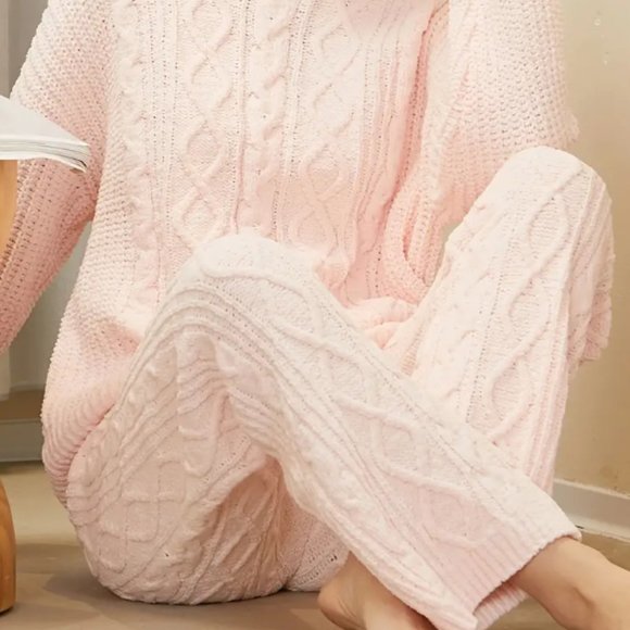 Thermal Textured Loungewear , Sweater Pullover Tops & Straight Leg Pants Pajamas - Picture 1 of 5